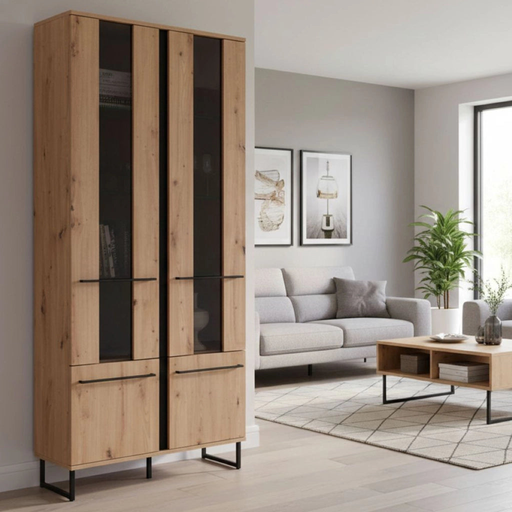 Mobile Espositore Gissi, Vetrina 8 Ripiani, 84.5x35x193.5h cm Marrone Rovere Nodi
