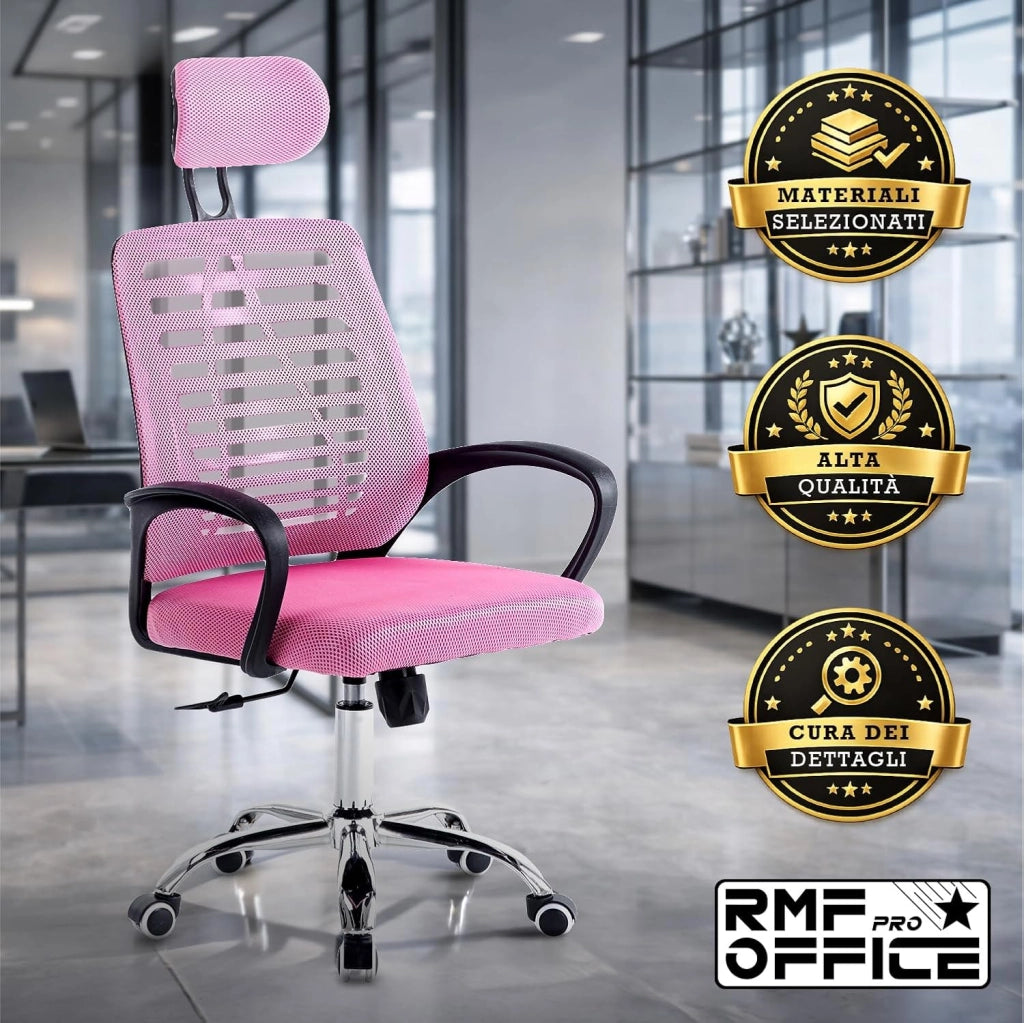 RMF Sedia Ufficio Ergonomica Professionale Reclinabile, Sedia Scrivania in Rete con Seduta Comoda e Rilassante - Poltrona Relax Ufficio con Ruote Girevoli Altezza Regolabile ROSA
