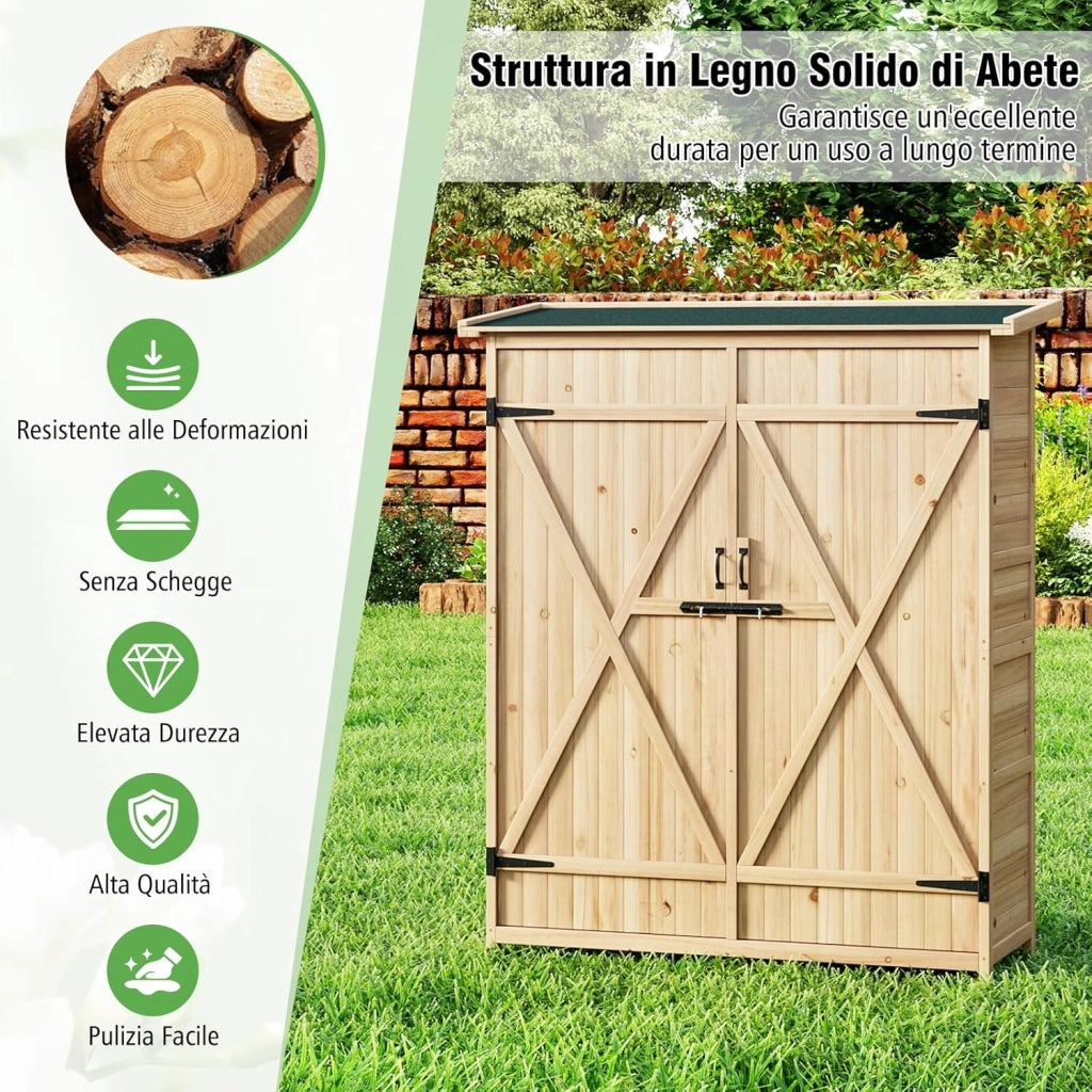 Armadio da Esterno in Legno Massello, Casetta Porta Attrezzi per Esterno con 2 Ripiani Rimovibili, Porte Bloccabili e Tetto Inclinato in Asfalto Impermeabile per Giardino, Cortile e Patio