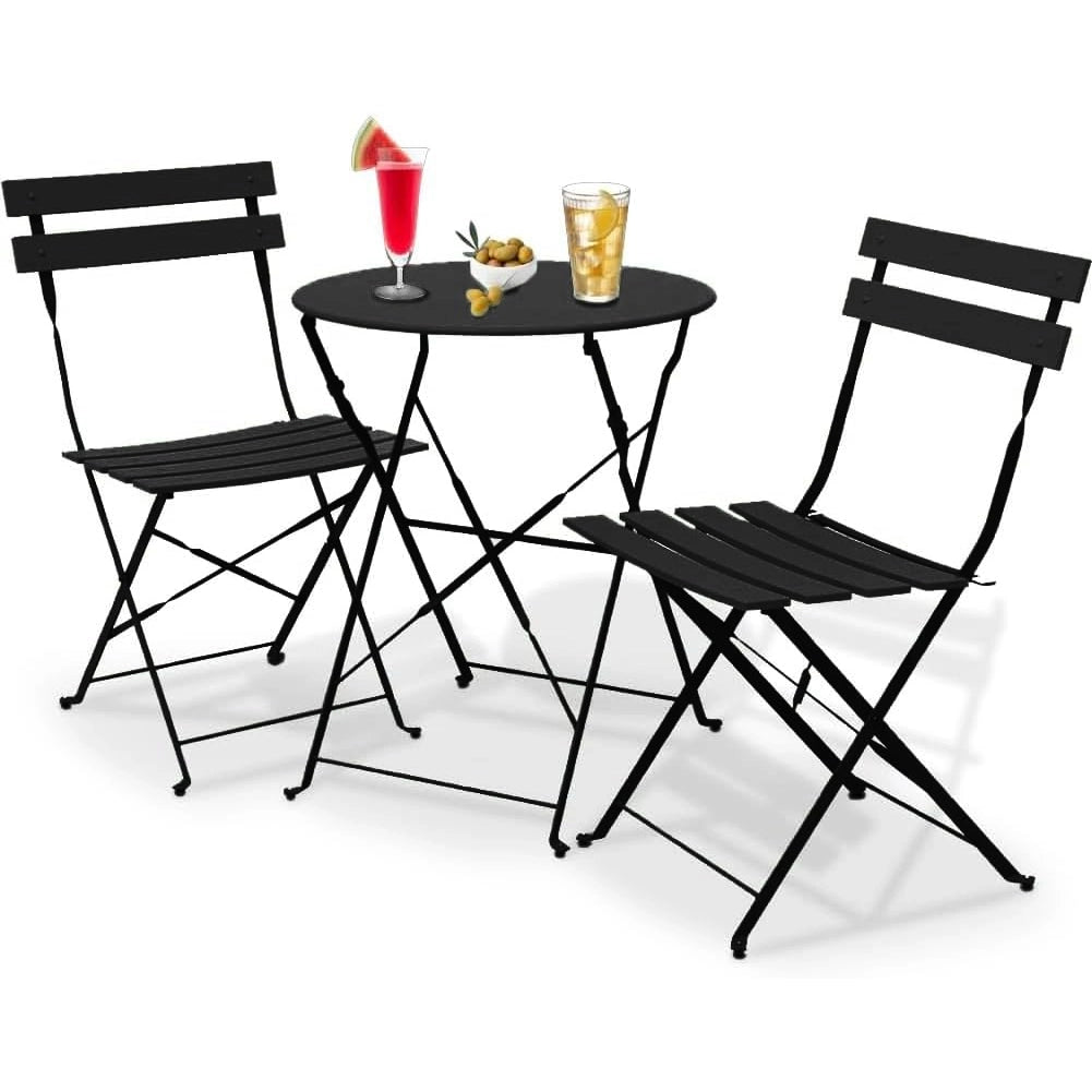 Set 3 Pezzi Giardino Tavolo 2 Sedie da Bistrot Pieghevole Modello Parigi Nero