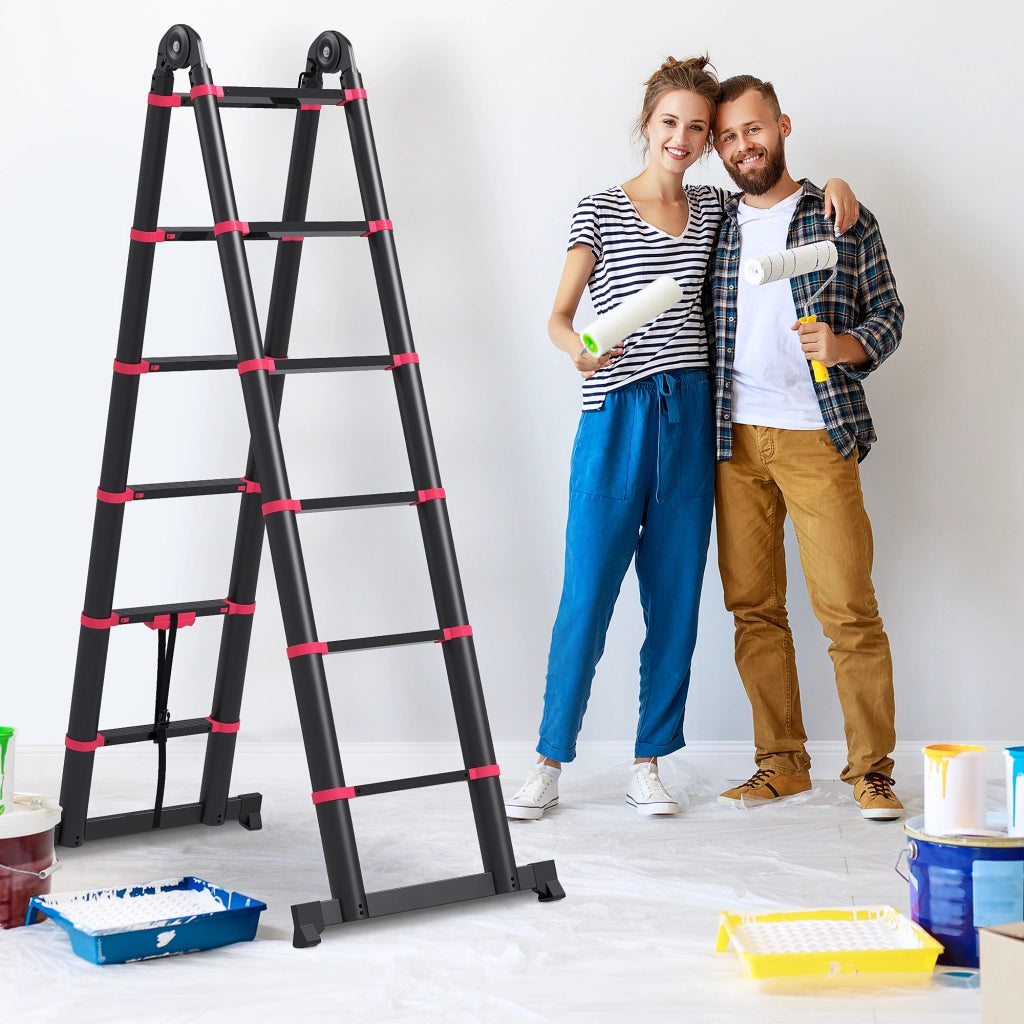Scala Pieghevole in Alluminio 12 Gradini Antiscivolo 150 kg ¨C zephmum ¨C 379x67.5x11 cm Nero e Rosso