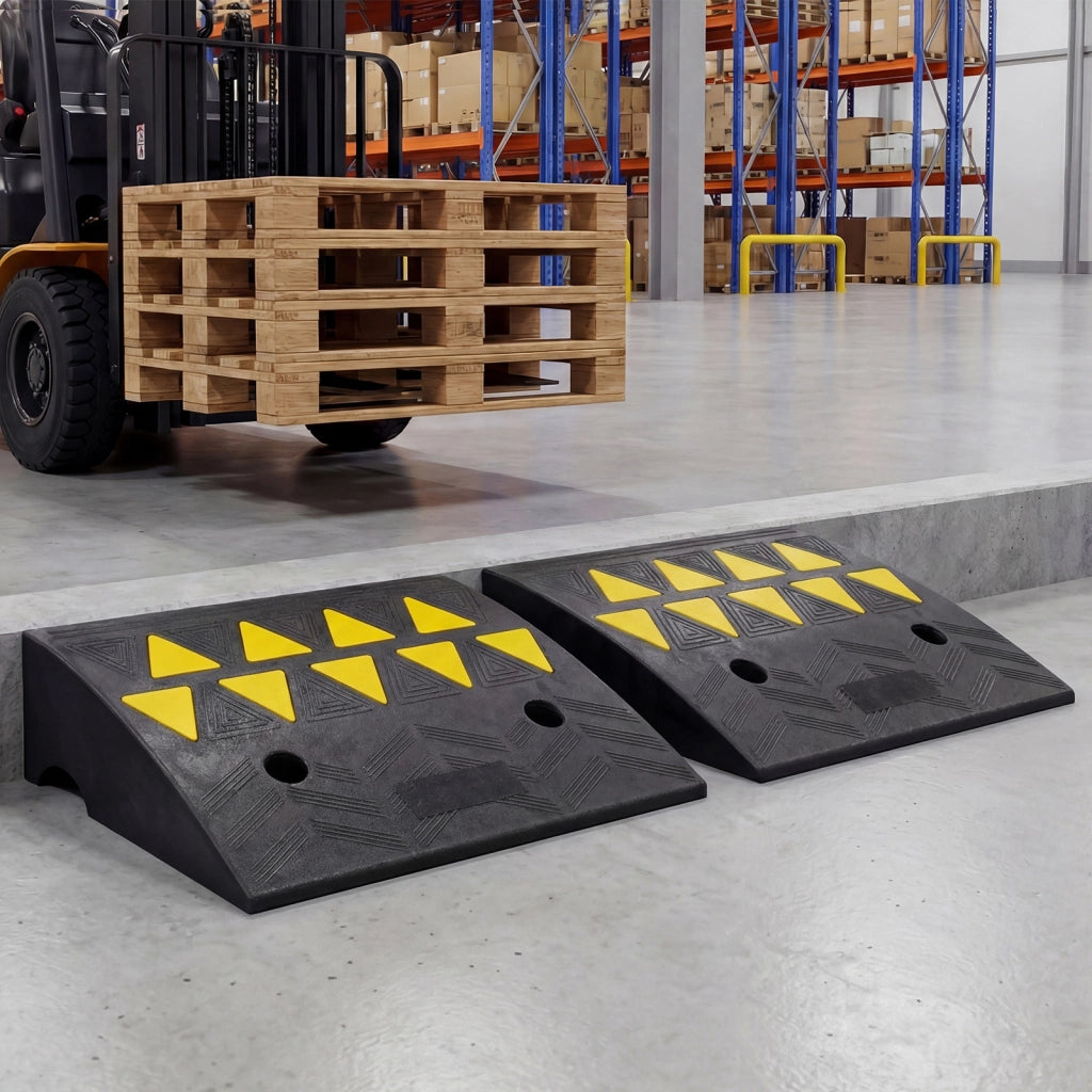 Set di 2 rampe per soglia con strisce riflettenti triangolari gialle e fori di drenaggio, Rampa per marciapiede in gomma antiscivolo altezza 13 cm