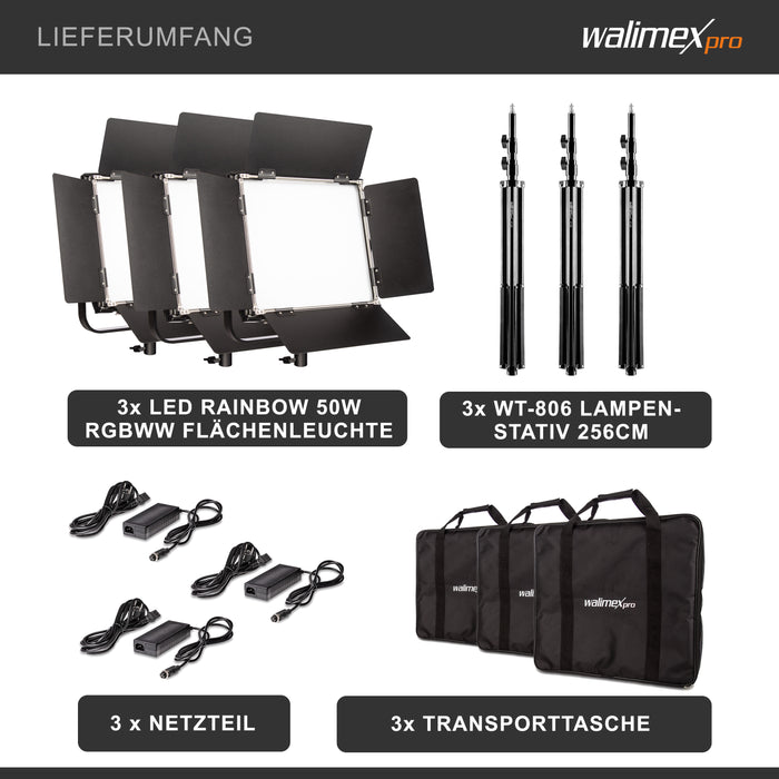 LED Rainbow 50W RGBWW Set - composto da 3 luci, alette di schermatura, alimentatore, borsa per il trasporto e lo stoccaggio, treppiede per lampada con attacco e adattatore
