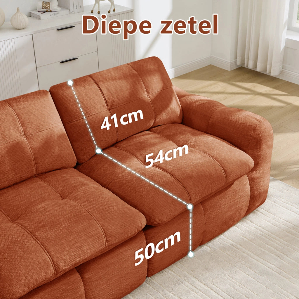 Divano modulare a 3 posti arancione senza struttura con rivestimento in chenille e design a quadretti