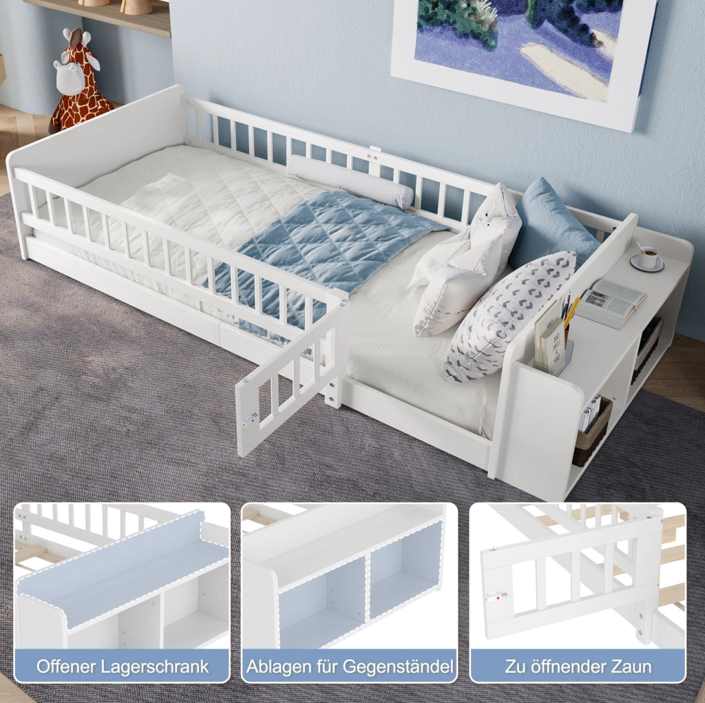 Letto per bambini 90x200 cm in pino bianco con ripiani