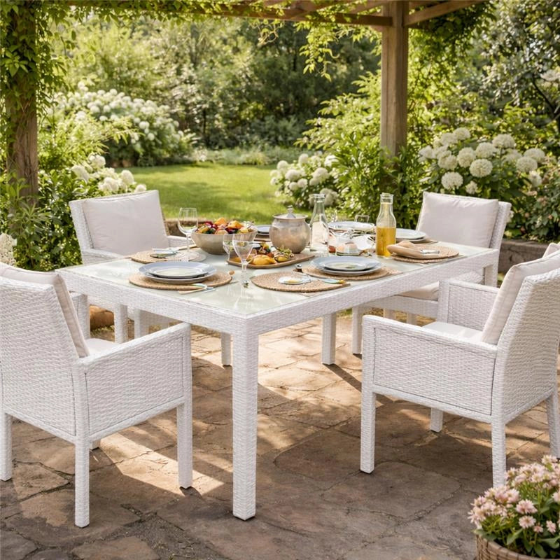 TAVOLO AZORE IN ACCIAIO E WICKER BIANCO 150 X 90CM