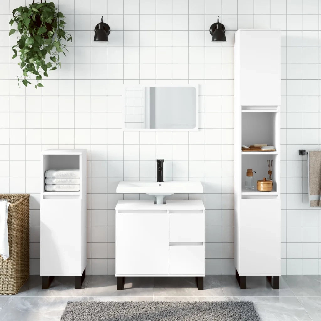Set Mobili da Bagno | Armadio da bagno 3 pz Bianco in Legno Multistrato