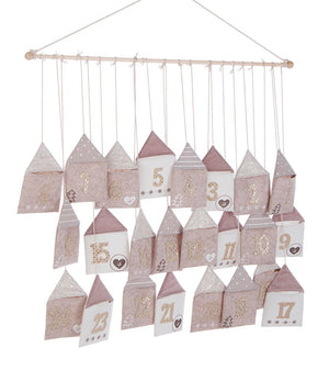 Calendario Avvento Natale con Casette Beige e Numeri Oro Decorazione Natalizia