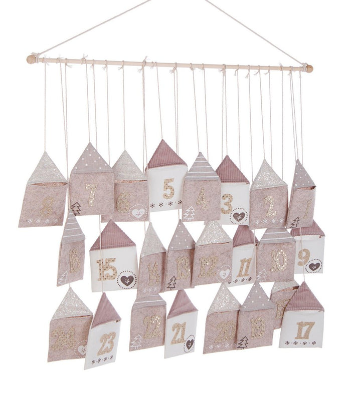 Calendario Avvento Natale con Casette Beige e Numeri Oro Decorazione Natalizia