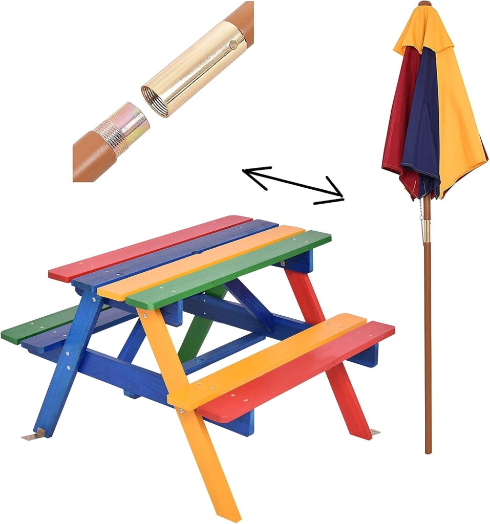 Set di Tavolo Picnic per Bambini in Legno Massiccio con Ombrellone, Set da Giardino per Bambini 1 Tavolo e 2 Panche Colorato per Giardino, Balcone, Campeggio