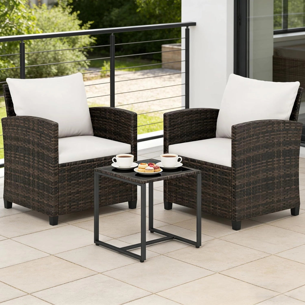 Set da Giardino 3 Pezzi, Set Salotto Esterno per 2 Persone, 2 Poltrone con Cuscini + 1 Tavolino con Piano in Vetro, Mobili da Esterno per Balcone, Terrazza, Cortile (Nero+Grigio)