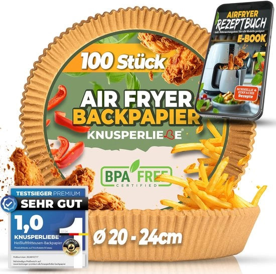 Pannellino per Airfryer XXL 20-24 cm 5-8 L, 100 forme per Airfryer, resistente all'olio, con rivestimento antiscivolo, usa e getta e non sbiancante. Sicuro per la salute, libero da BPA, certificato FDA e LFGB.