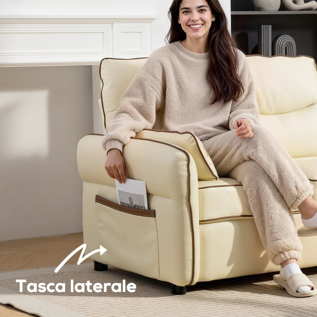 Divano 2 Posti 136x81x90 cm con Imbottitura Spessa Tasca Laterale e 2 Cuscini in Finta Pelle Beige
