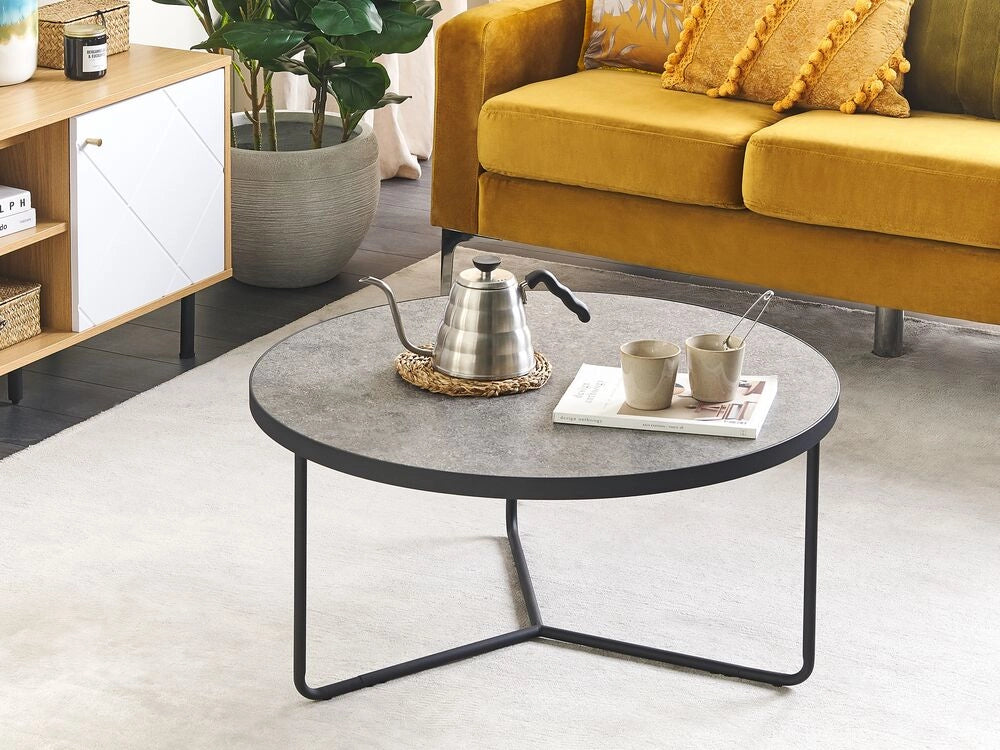 Tavolino Effetto Cemento con Gambe in Metallo Nero Rotondo Grande 80 x 80 x 40 cm Mobili Soggiorno