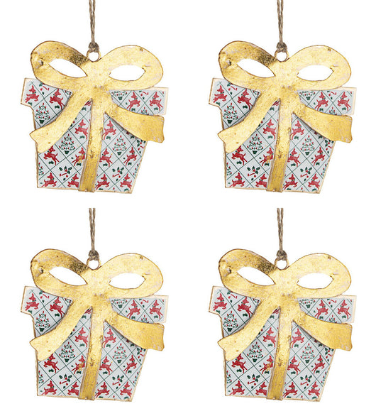 Pendagli Albero di Natale Metallo Oro Pacco Regalo Renne Addobbi Natalizi 10 cm