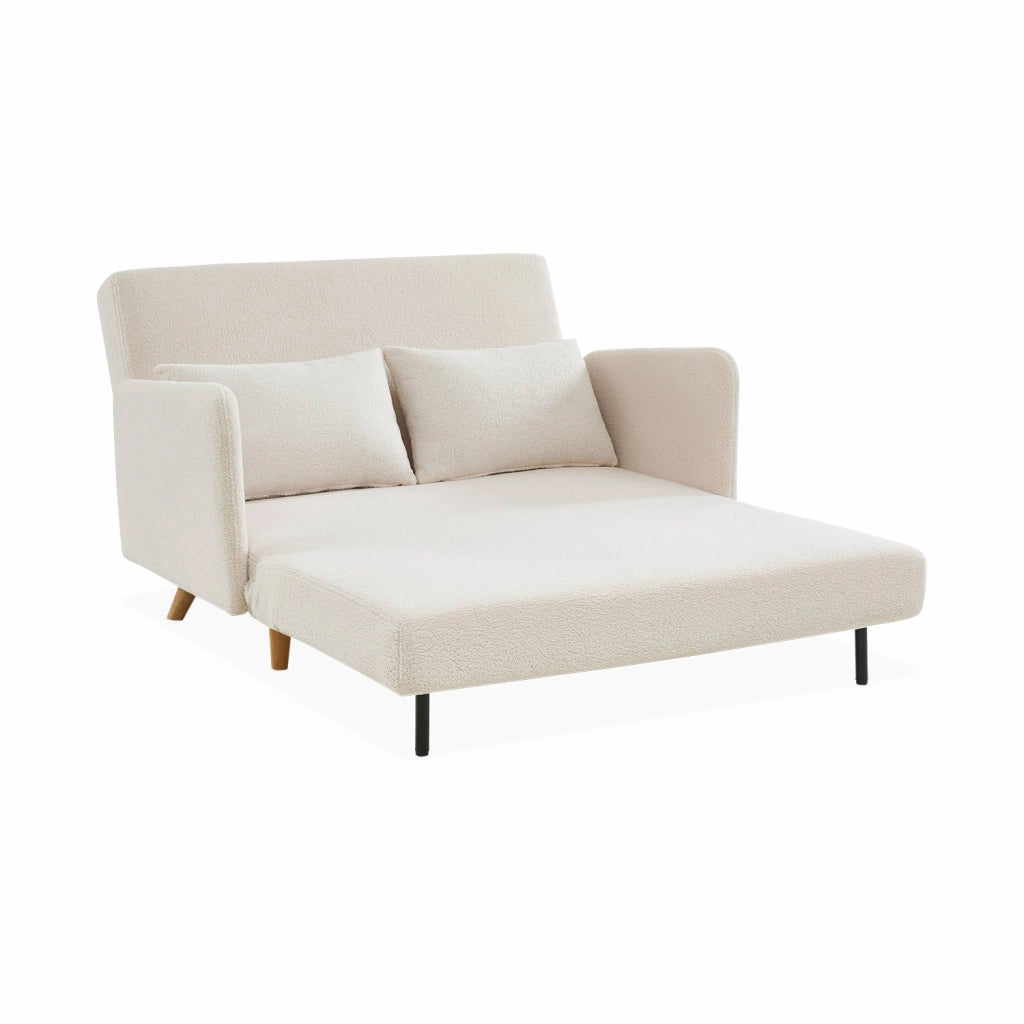 Divano letto in bouclé con gambe in legno, 2 posti, crema