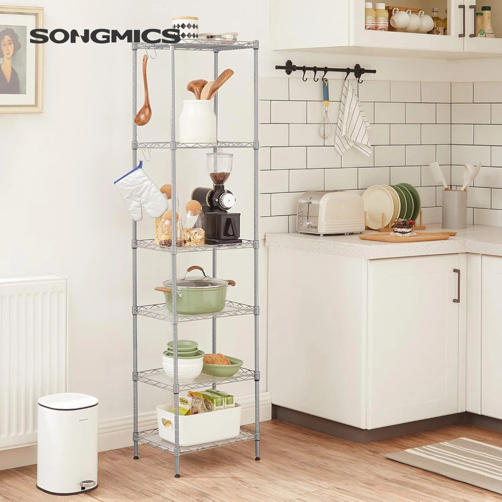 SONGMICS Scaffale Portaoggetti di Metallo a 6 Livelli Regolabili in Rete, con Pannelli PP, 8 Ganci a S, per Garage, Cucina, Soggiorno, Salvaspazio, Max Carico 120 kg, Argento LGR116E01