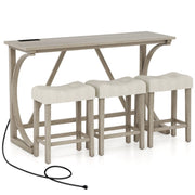 Set tavolo da bar 4 pezzi con presa di corrente, Tavolo da bistro altezza bancone e sgabelli imbottiti a sella Grigio + Beige-Tavoli e sedie da pranzo