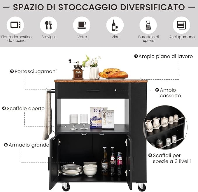 Carrello da Cucina con Ruote, Isola da Cucina con 3 Portaspezie 1 Cassetto Armadietto a 2 Porte, Carrello Portaoggetti con Portasciugamani, 82x46x92 cm (Nero)