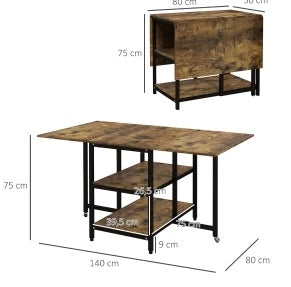 Tavolo pieghevole 140x80x75 cm con 2 ripiani e ruote frenate in acciaio marrone