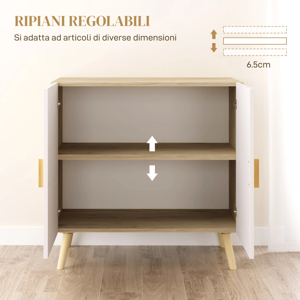 Mobile Multiuso 76x41.2x74 cm con Ripiano Regolabile e Piedini Alti in Legno Bianco e Rovere