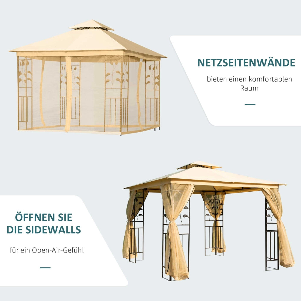 Pergola da giardino 3x3 m ¨C zephmum ¨C beige con tetto doppio e pannelli laterali