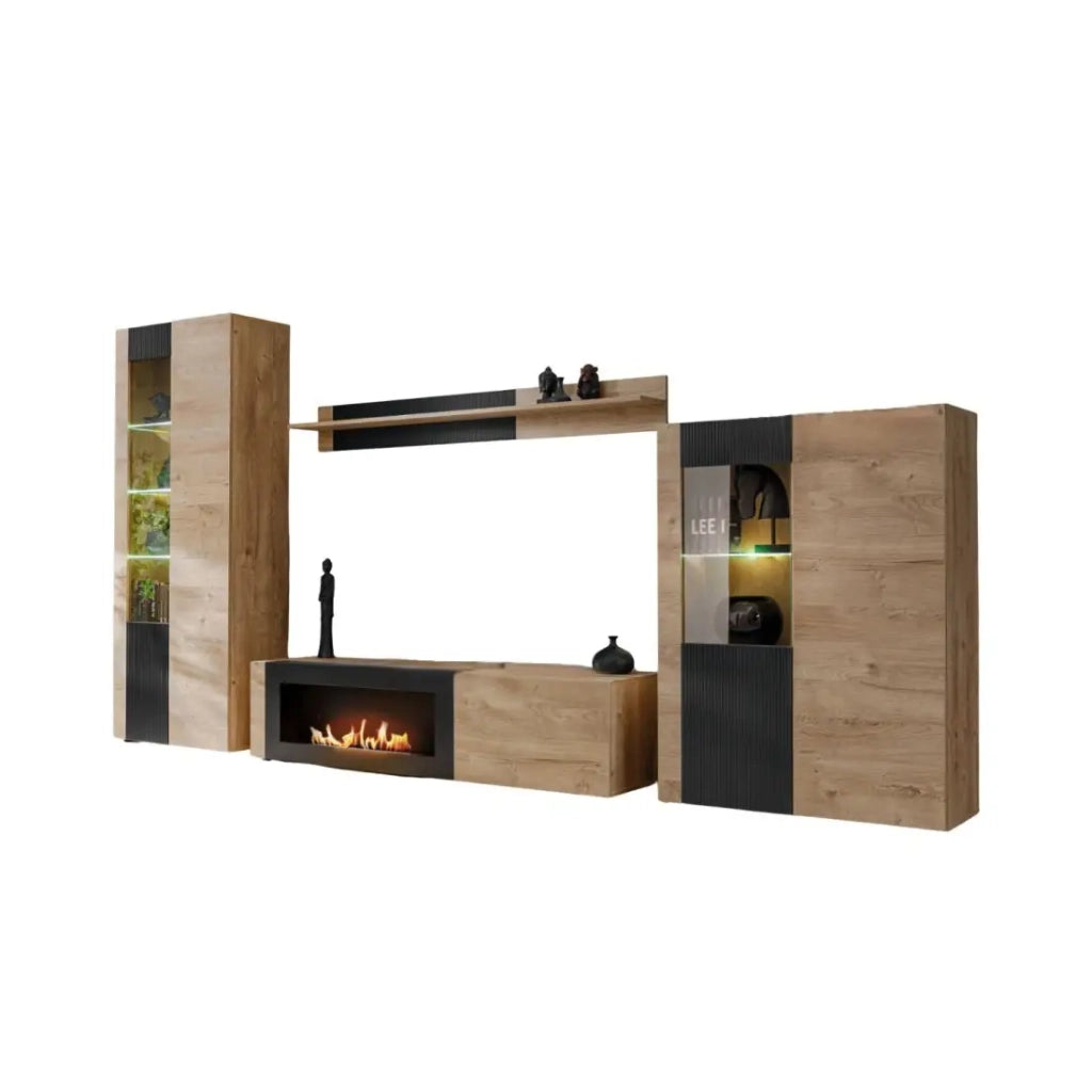Set di soggiorno DOUM – Rovere chiaro e nero – Con camino a bioetanolo – L320 x H192 x P45 cm