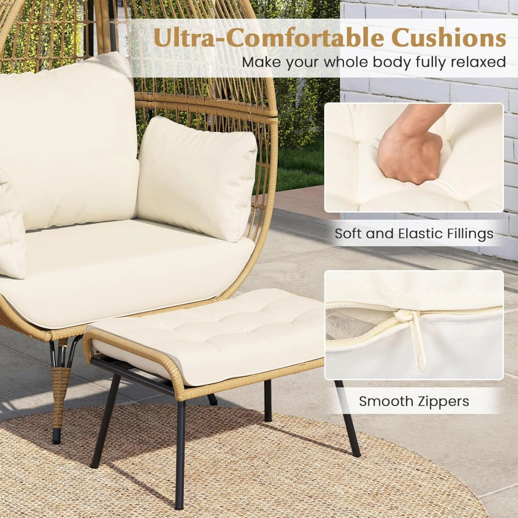 Sedia a uovo in rattan PE con poggiapiedi e cuscini, poltrona relax con piedini antiscivolo regolabili, facile da pulire, poltrona per il tempo libero per balcone, soggiorno, giardino
