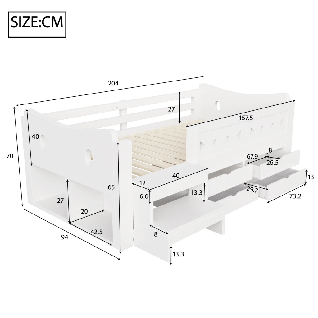 Letto singolo per bambini 90x200 cm con cassetti; LED; USB-C e sponde; bianco