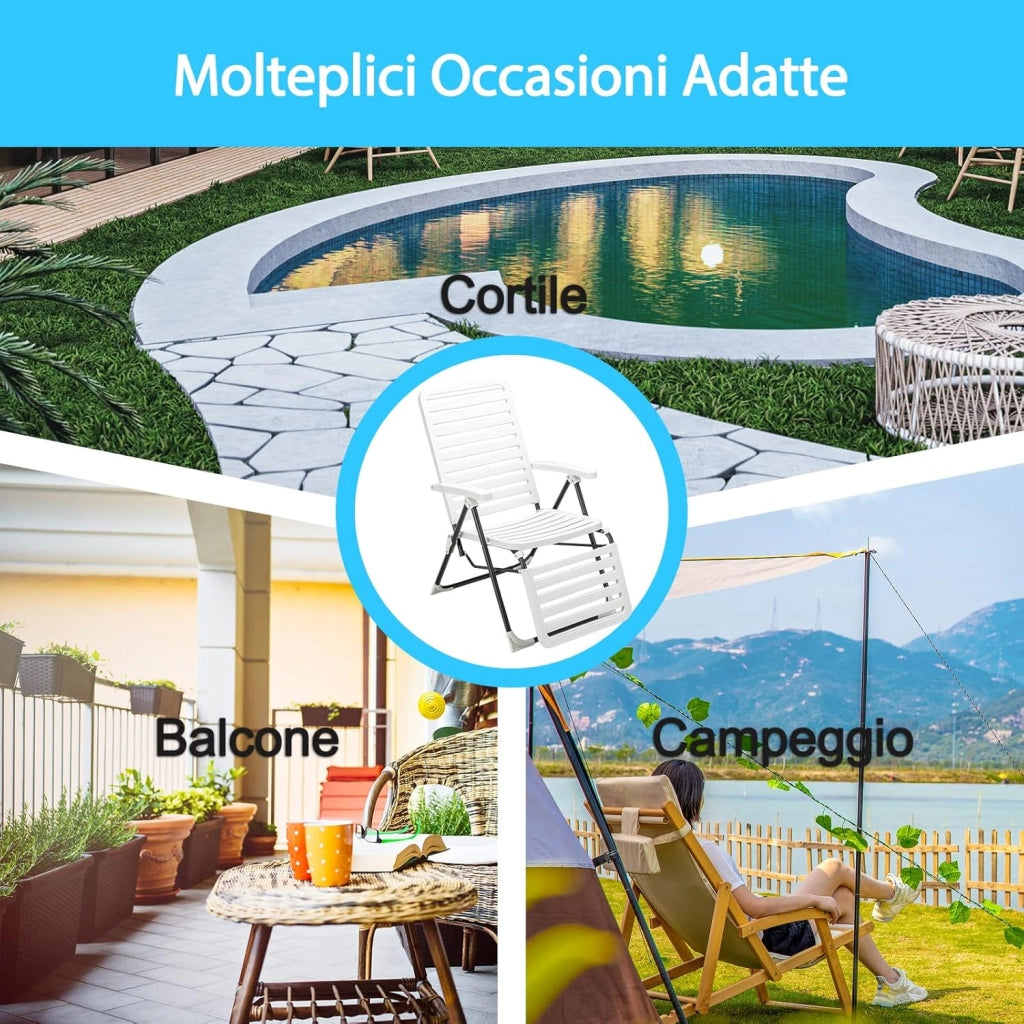 Sedia Pieghevole da Giardino, Sedia Reclinabile con Schienale Alto, Regolabile in 7 Posizioni, Poltrona Portatile in PP Resistente, per Esterno Terrazza Balcone (con Poggiapiedi, 2)