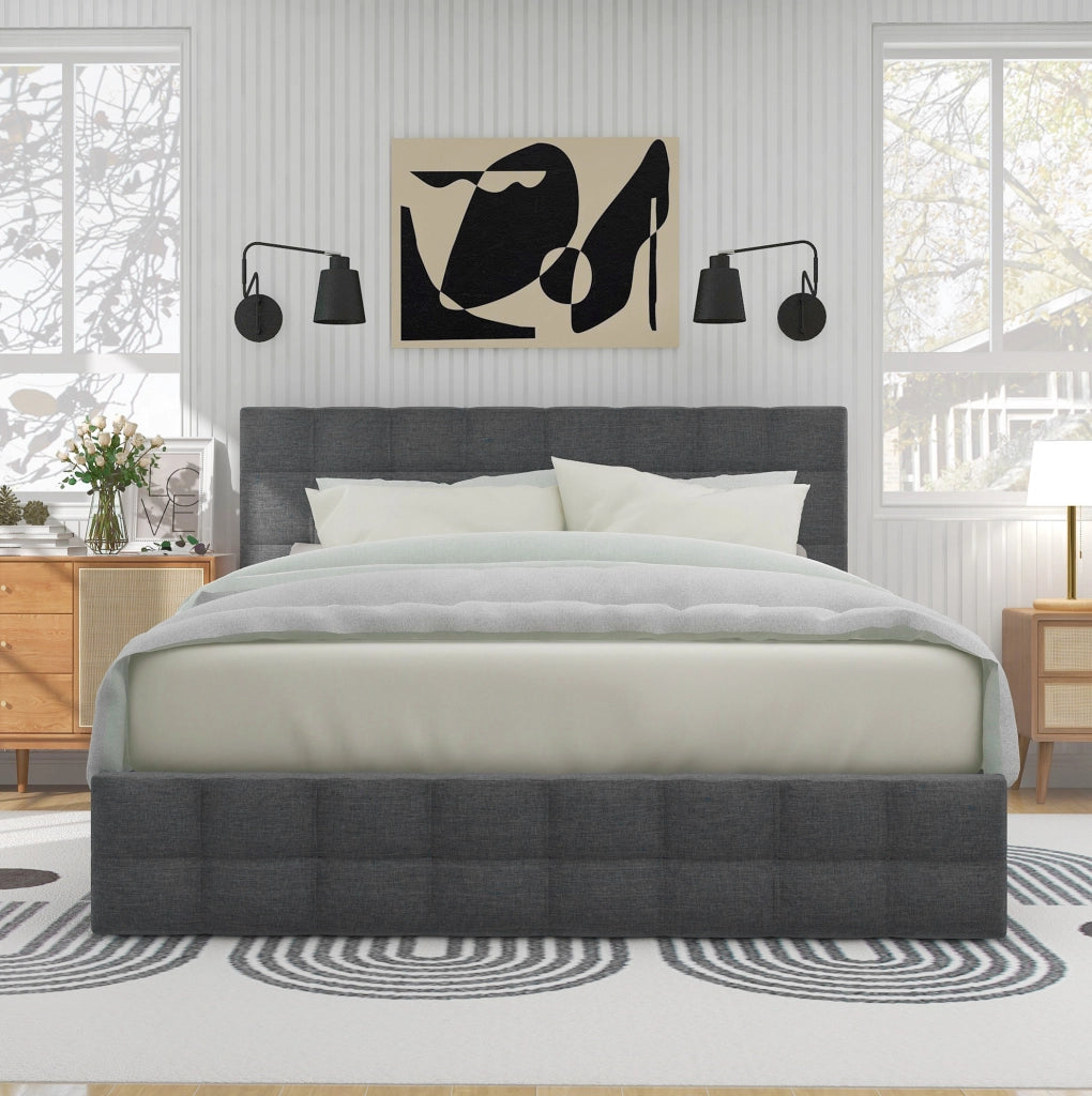 Letto matrimoniale 140x200 cm con 4 cassetti e testiera regolabile; lino grigio