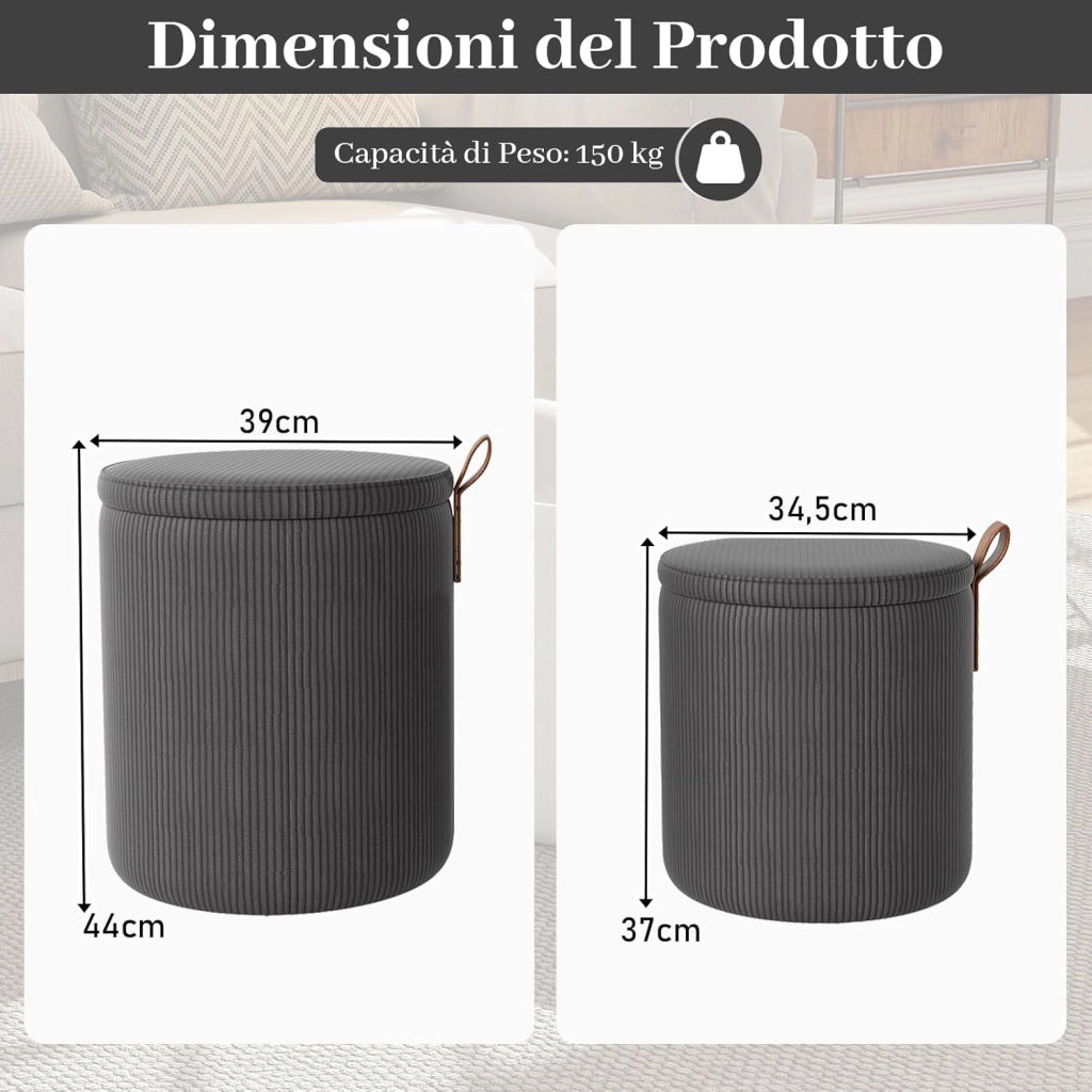 Set di 2 Pouf Contenitore in Velluto, Pouf Rotondi Imbottiti da 40L + 25L, Sgabelli con Contenitore per Soggiorno, Camera da Letto, Portata 150 kg (Grigio)
