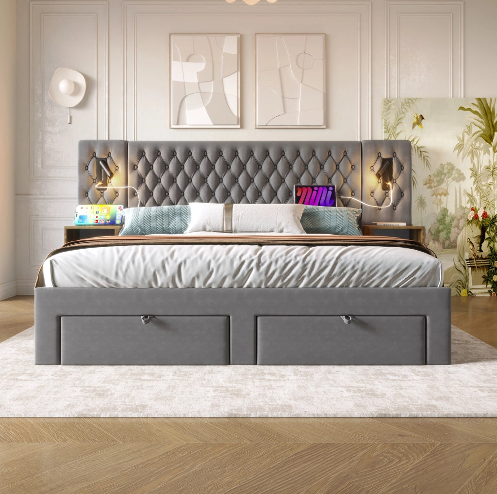 Letto matrimoniale 180x200 cm con 4 cassetti, USB e USB-C, rivestimento in velluto grigio