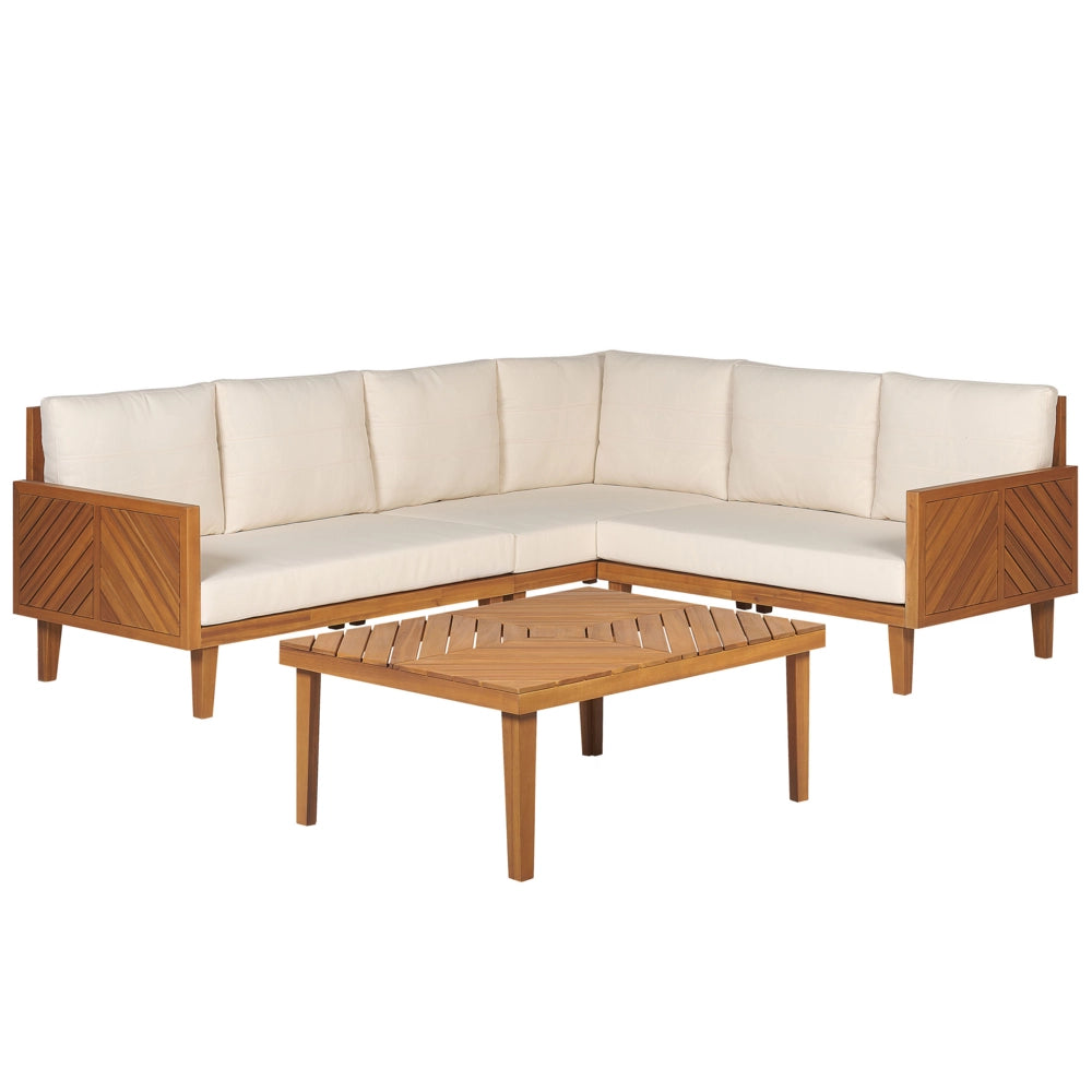 Set divani da giardino in legno di acacia cuscini beige chiaro 4 posti con tavolino design moderno set conversazione per esterni