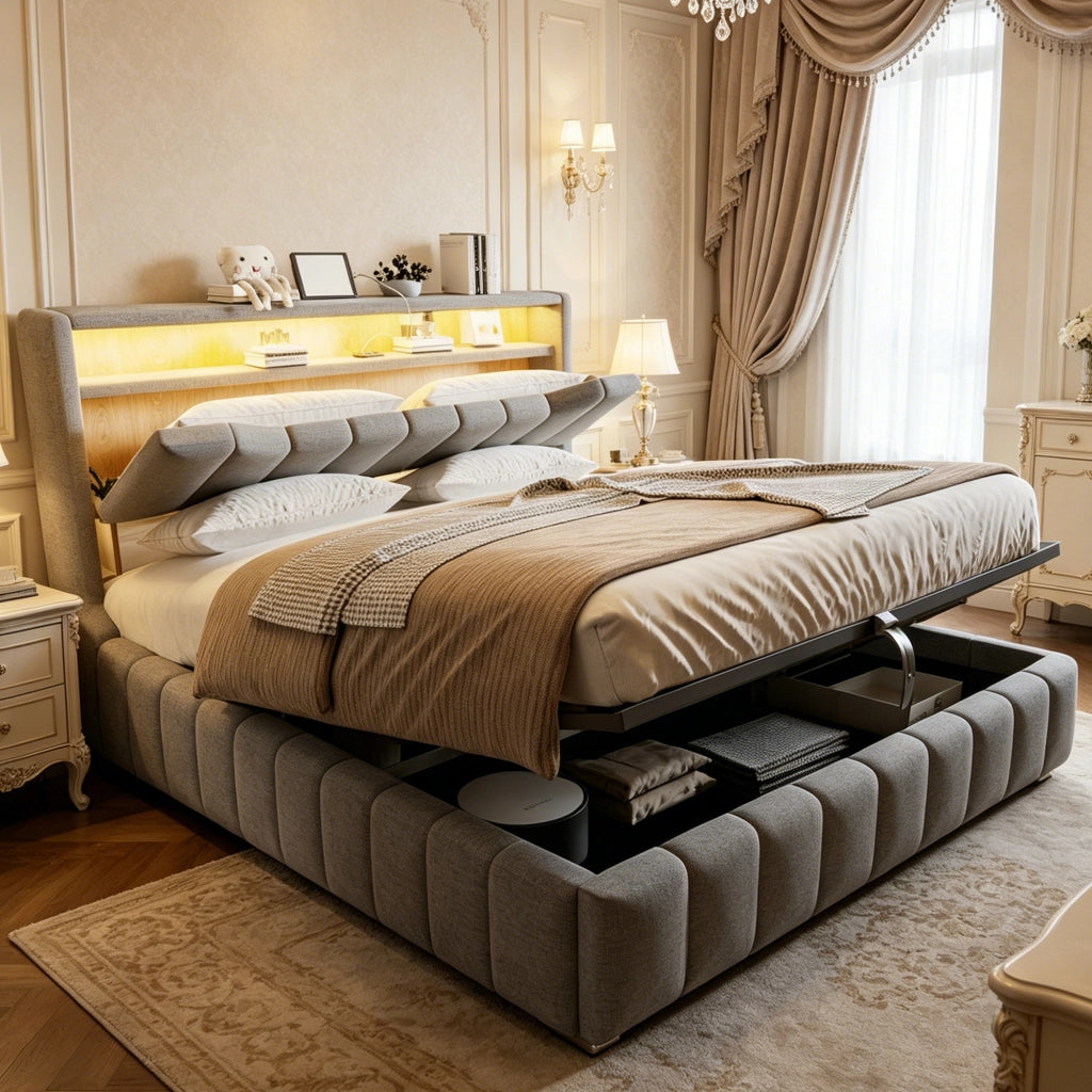 Letto contenitore matrimoniale 180 × 200 cm con sistema idraulico, LED, USB e USB-C, senza materasso, grigio