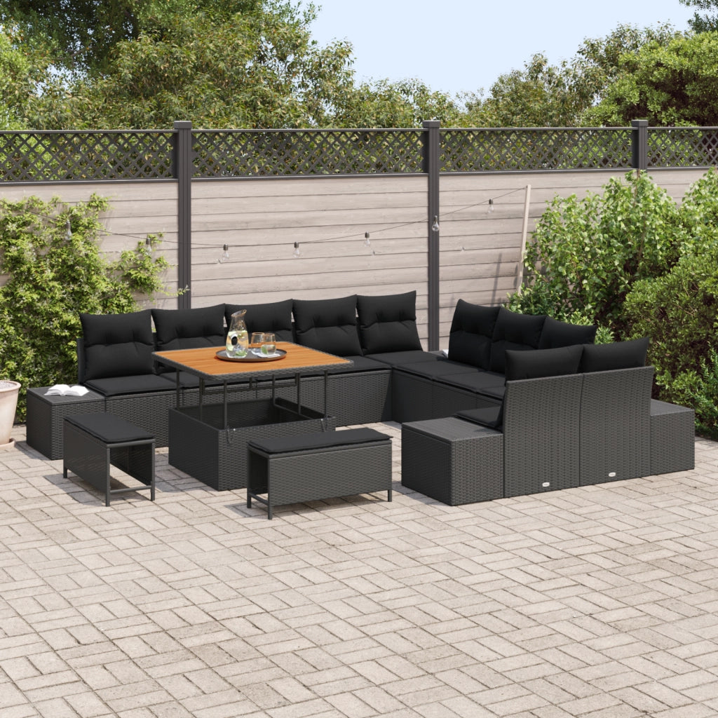 Set di divani da giardino  da 13 pezzi con cuscini in polyrattan nero e acacia