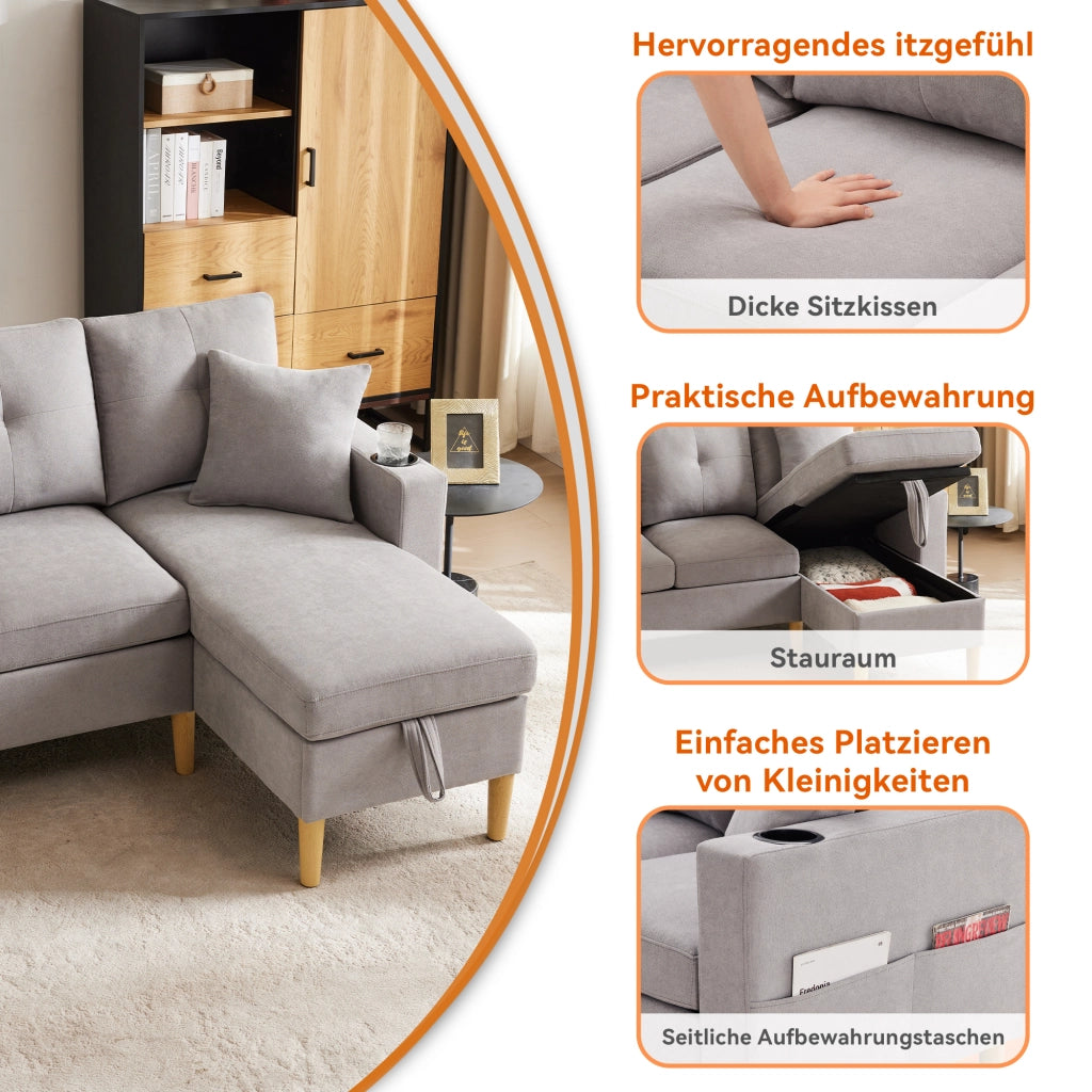 DIVANO angolare con chaise longue e contenitore 175x129x90 cm grigio chiaro cotone e lino