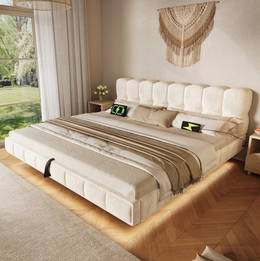Letto matrimoniale contenitore 160x200 cm con LED e prese USB/Type-C in chenille beige