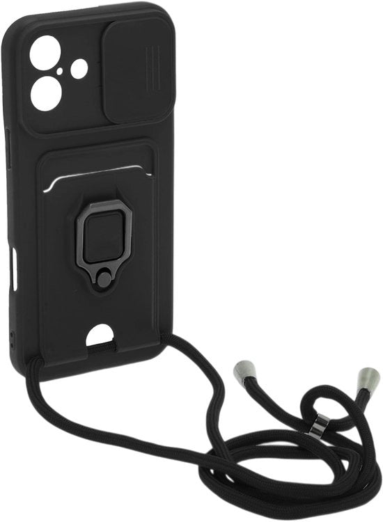 Telaietto per iPhone 16 con cinturino e corda, collare regolabile, stand per anello, copertura per fotocamera a scorrimento, slot per carte, protezione contro polvere e graffi, copertura per telefono.