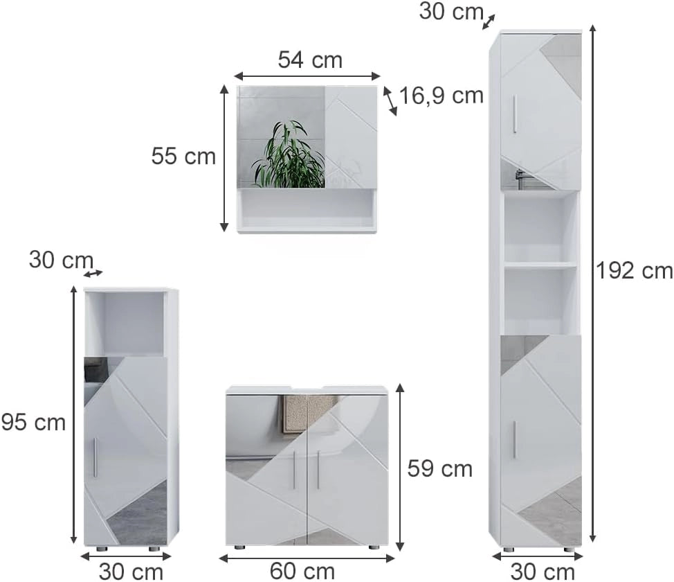 Set mobili bagno Irma, Bianco lucido con inserti, 80 cm, composto da mobile lavabo, pensile a specchio, colonna e base media