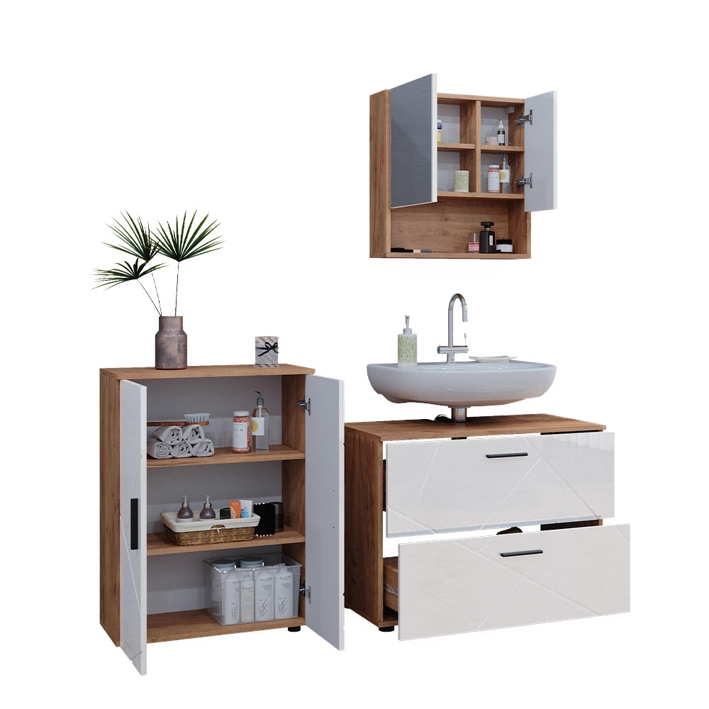 Vicco Set di mobili da bagno Bianco lucido/oro power oak 3 parti