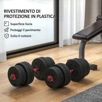 Set 2 Manubri Antiscivolo con 16 Dischi Pesi da 30 kg  totali e Connettore, in Acciaio, HDPE e Sabbia, Nero