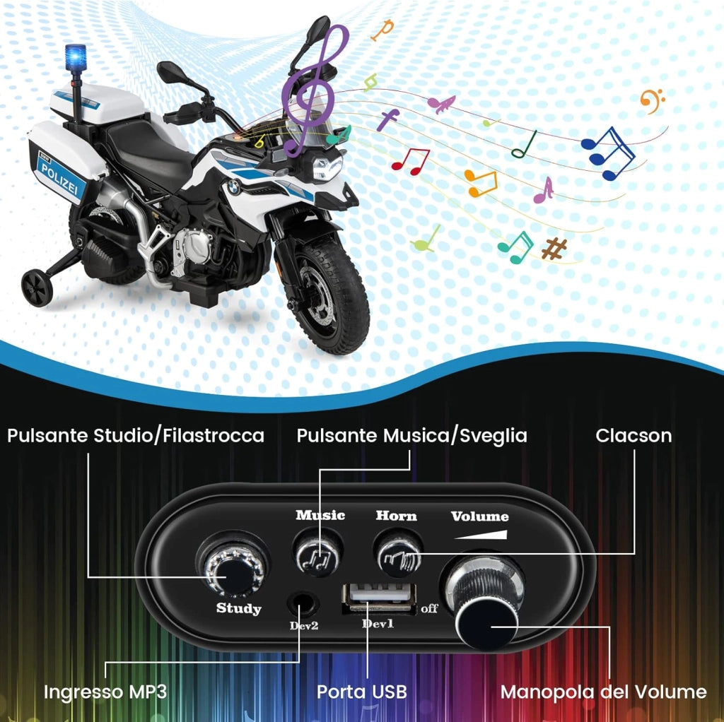 12V BMW Moto Cavalcabile per Bambini, Moto Elettrica con 2 Ruote di Formazione Rimovibili, Regalo per Bambini 3-8 Anni, 3-6 km/h