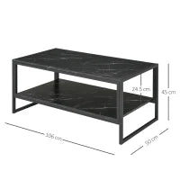 Tavolino da Caffè Nero, Tavolino Effetto Marmo con Ripiano Inferiore, da Soggiorno o Ufficio, Design Moderno, Telaio in Acciaio, 106x50x45cm, Nero