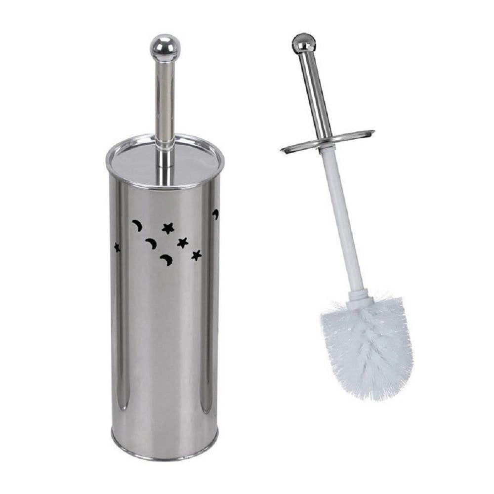 Trade Shop - Portascopino Cilindro Acciaio Bagno Spazzolone Wc Argento Con Stelle Lune 52666 -