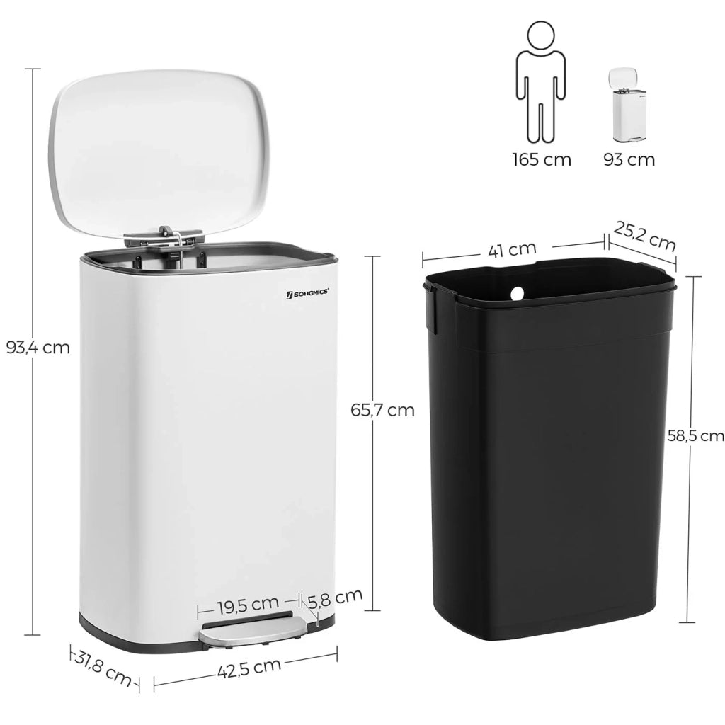 Pattumiera a pedale da cucina da 50 litri 42,5 x 31,8 x 65,7 cm con secchio interno in plastica coperchio con chiusura ammortizzata antiodore bianca 12_0007184