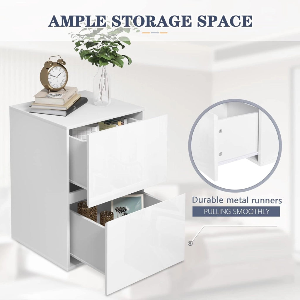 Set di 2 Comodino con 2 Cassetti Lucido, Mobiletto Bianco per Camera da Letto, Salotto, Cassettiera Piccola Salvaspazio in Legno, 40x40x58cm, Design Moderno, 0182ZZ-2