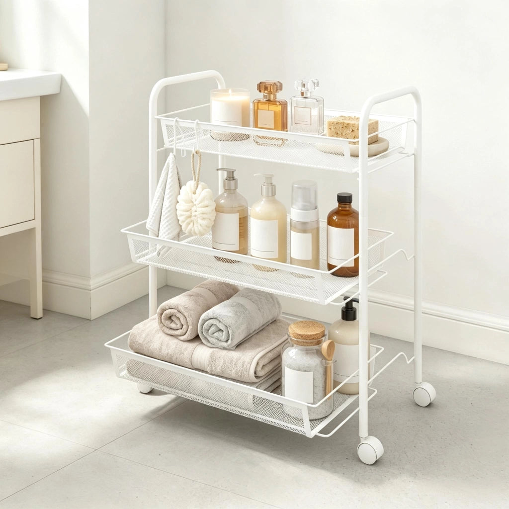CARRELLO PORTAOGGETTI A 3 RIPIANI 45 x 26,5 x 63 cm IN ACCIAIO BIANCO