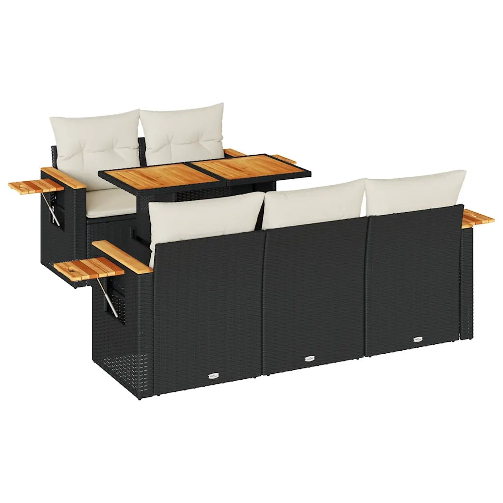 Set Divano da Giardino 6 pz con Cuscini Nero Polyrattan Acacia