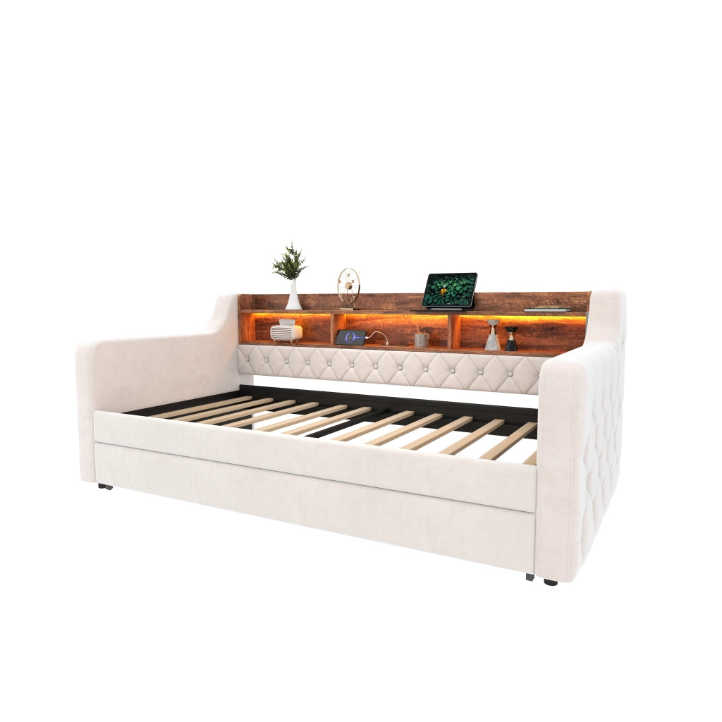 Letto estraibile 90 × 190 cm 1 posto con vano contenitore, mensola, USB-C e LED regolabile, senza materasso
